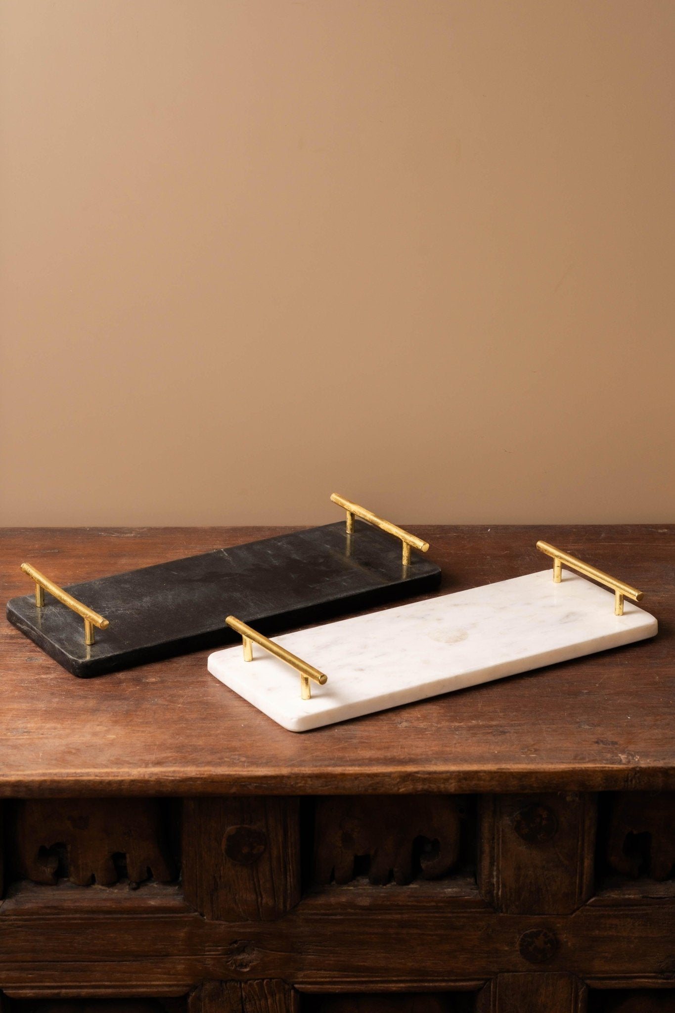 Black Marble Tray with Gold - Toned Handled - TesuServing Tray