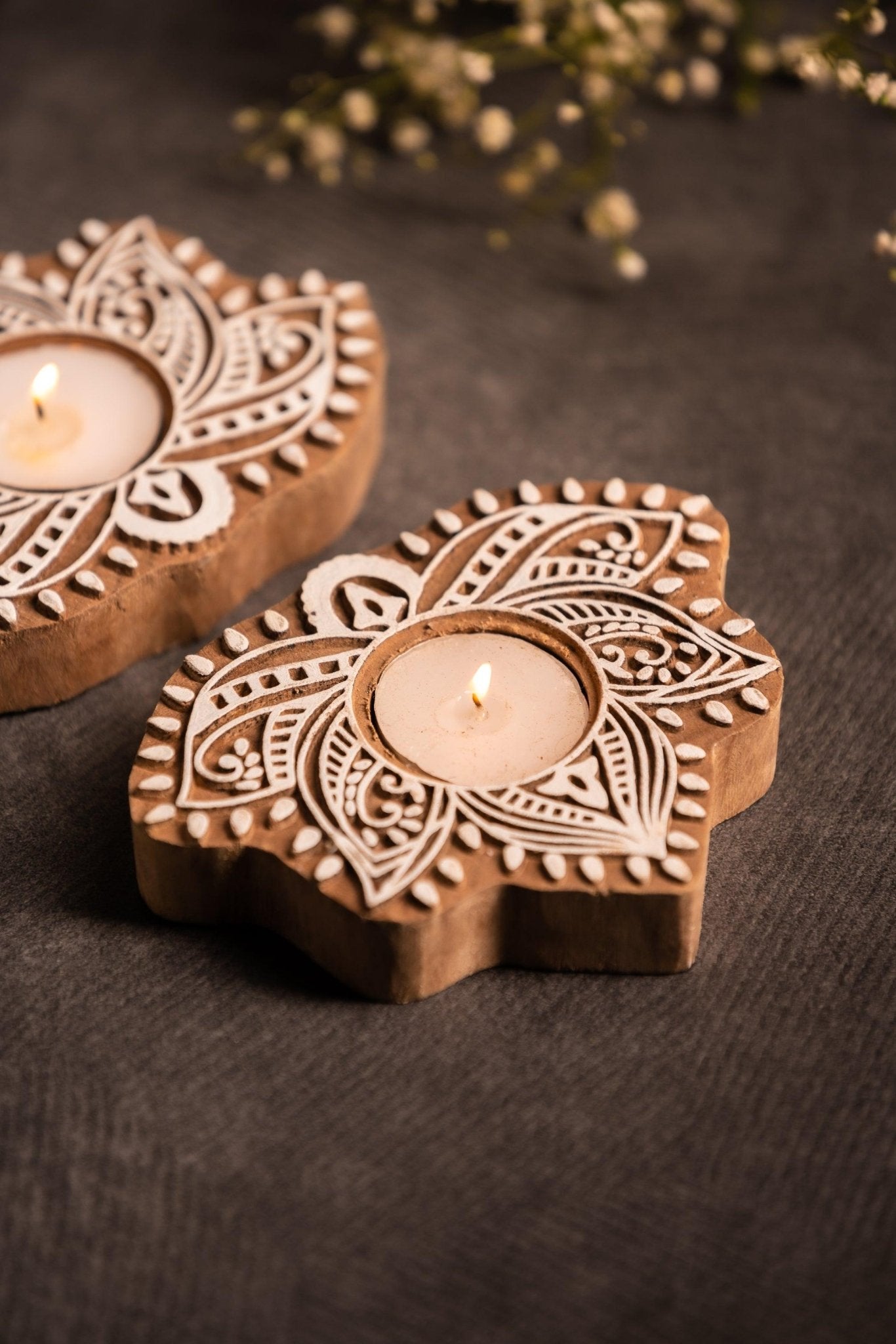 Block Print Lotus Shape Tealight Holder - Set of 2 - TesuCandles & Candle Holders