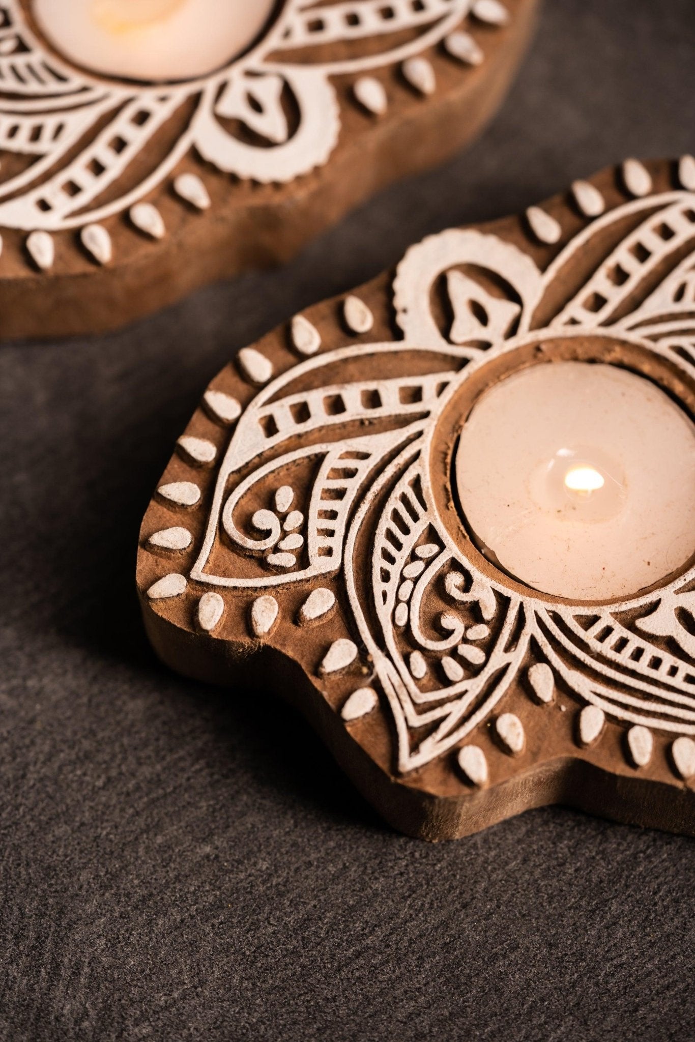 Block Print Lotus Shape Tealight Holder - Set of 2 - TesuCandles & Candle Holders