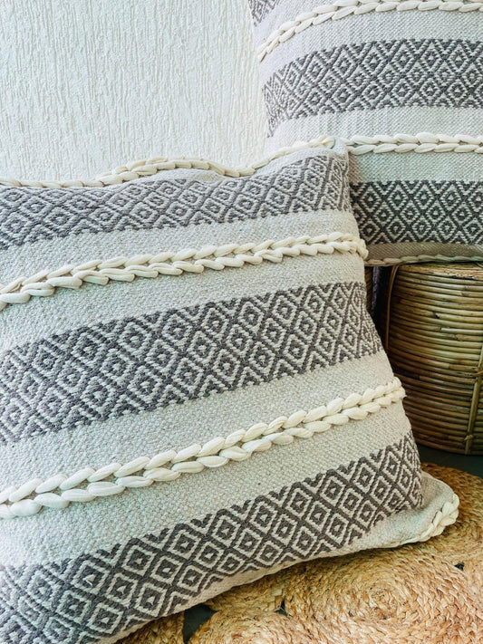 Grey and white bohemian cushion covers styled on sofa – Tesu Cushion Covers