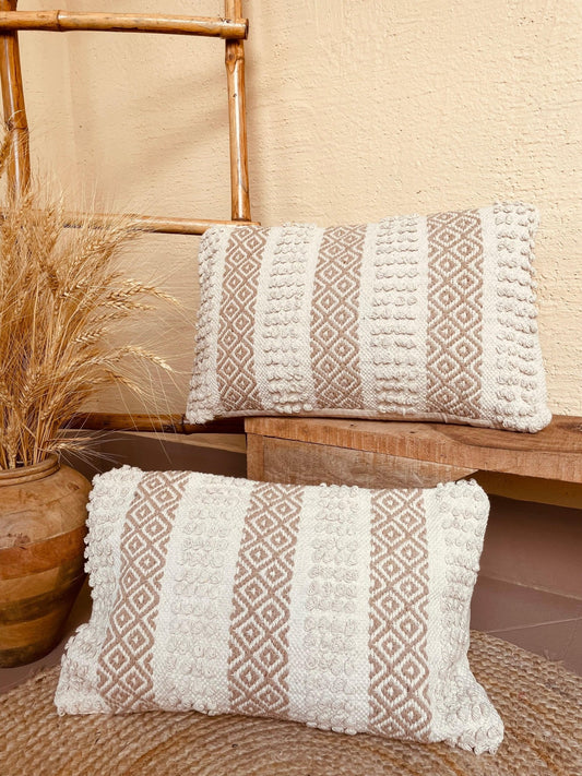 Bohemian Rectangle Natural Cotton Cushion Cover - Off White and Beige - TesuCushion Covers