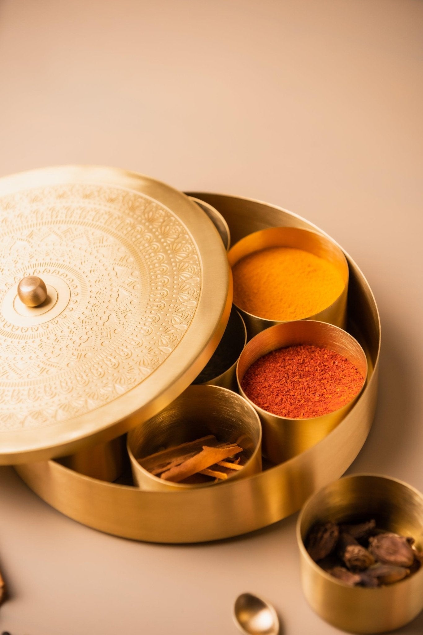 Brass Engraved Masala Box - TesuBrass Storage Box