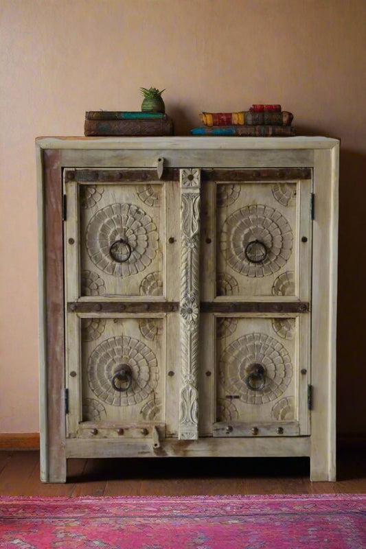 Carved Lotus Vintage Storage Cabinet with Iron Handles - TesuCabinets & Storage