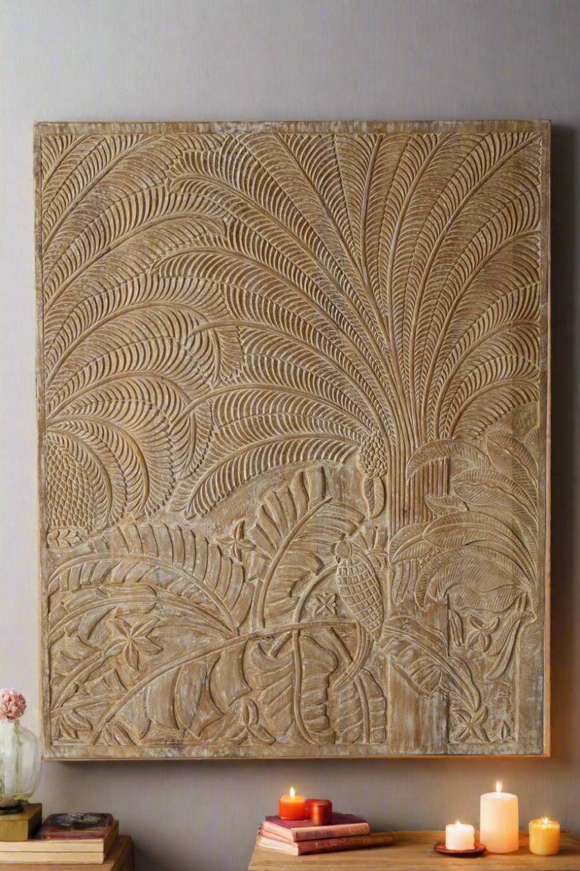 Carved Tropical Wooden Wall Panel | Hand-Carved Wall Art India – Tesu