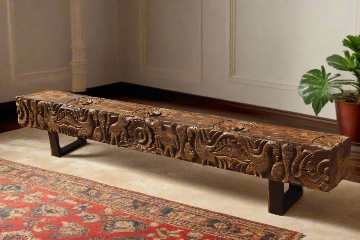 handcarved jaipur tesu bench, reclaimed wood sabya sachi design eleghant birds flower motif