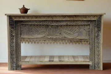 decan style tesu reclaimed wood console table, carving handcrafted, beauty