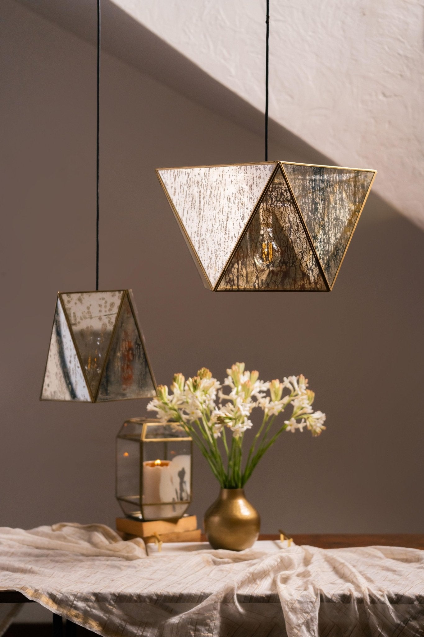 Chandni Broad Hexagon Mottled Glass Lamp - Antique Bronze - TesuPendant Light
