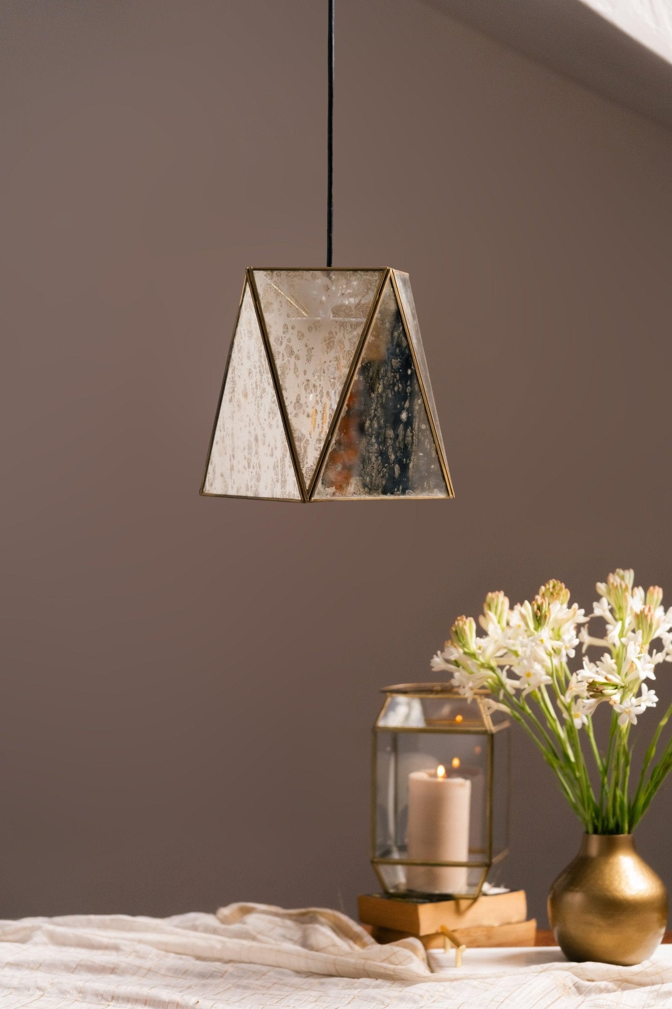 Chandni Narrow Hexagon Mottled Glass Lamp - Antique Bronze - TesuPendant Light