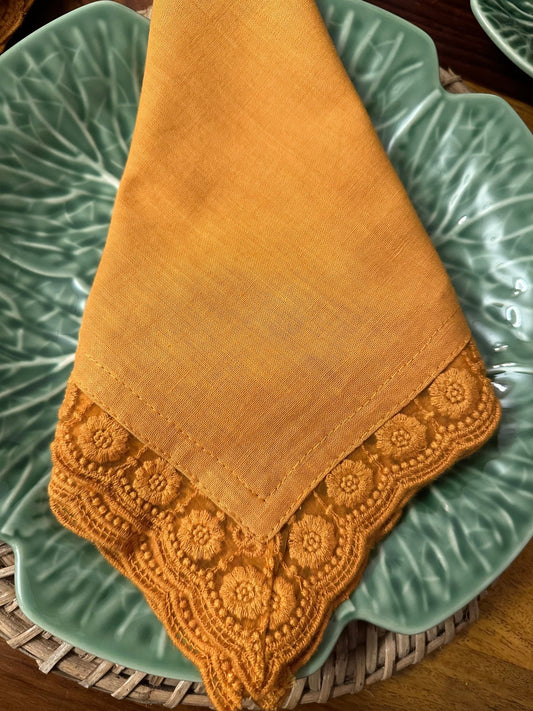 Cotton Table Napkins with Lace Border - Mustard Yellow - Set of 6 - TesuHome & Kitchen