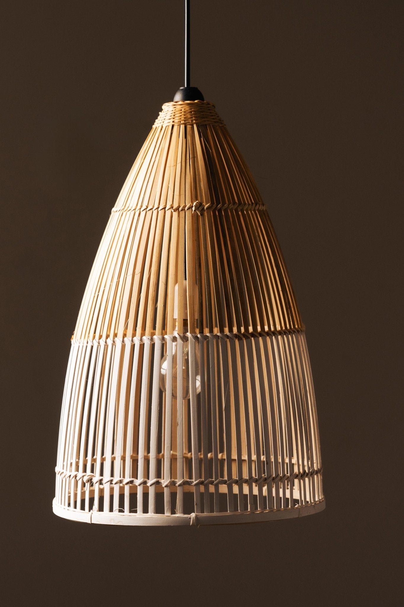 Cup-shaped bamboo hanging lampshade handcrafted with natural bamboo weaving, designed to create a warm, elegant, and eco-friendly lighting ambiance.