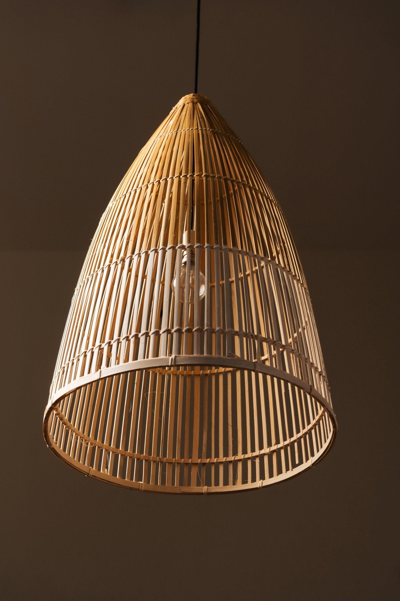 Cup-shaped bamboo hanging lampshade handcrafted with natural bamboo weaving, designed to create a warm, elegant, and eco-friendly lighting ambiance.