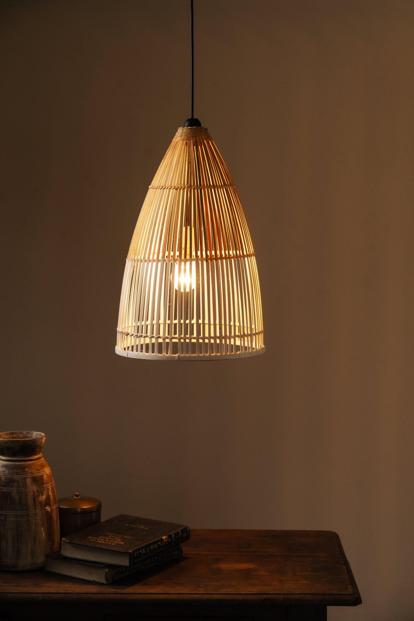 Cup-shaped bamboo hanging lampshade handcrafted with natural bamboo weaving, designed to create a warm, elegant, and eco-friendly lighting ambiance.