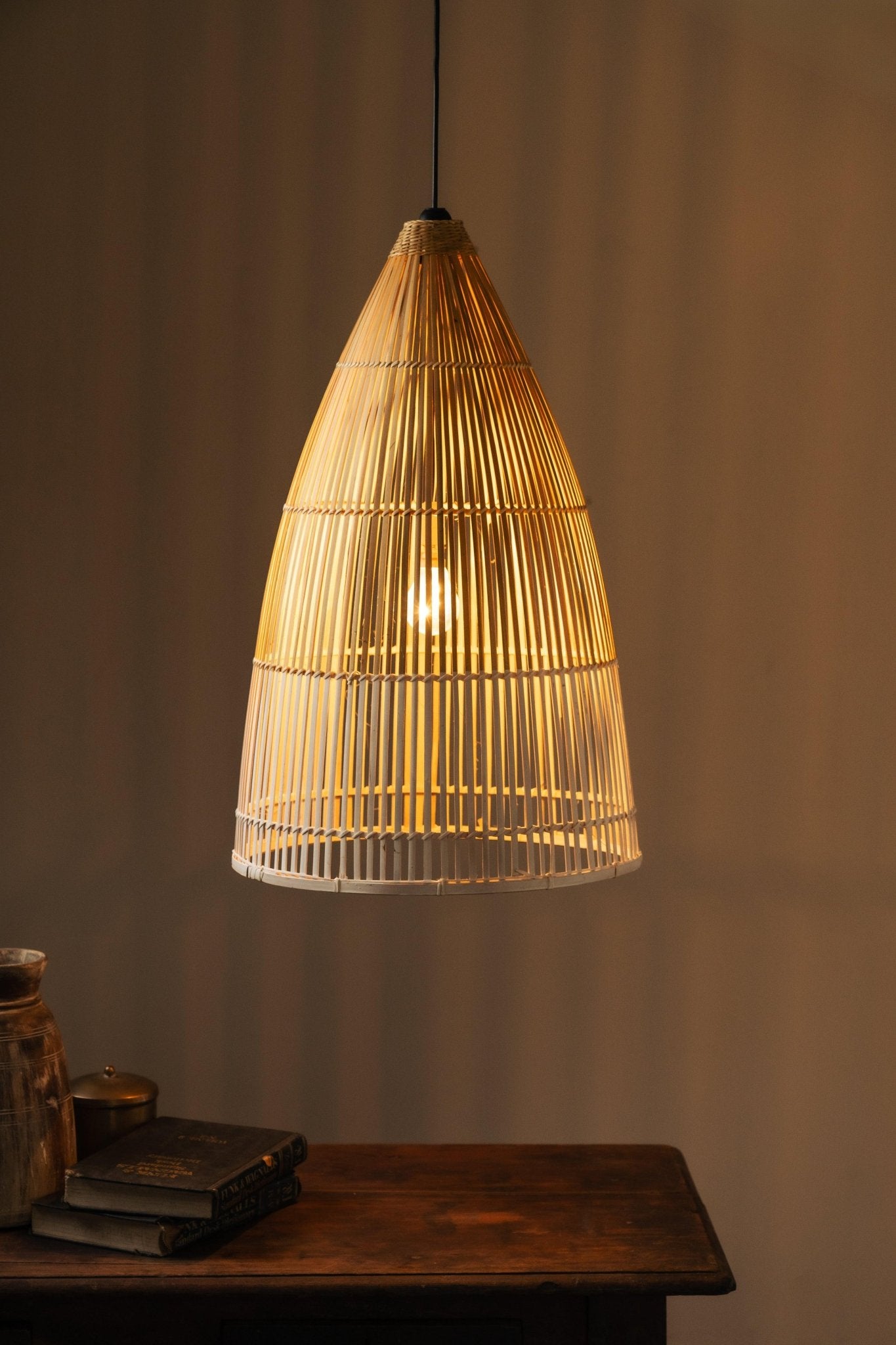 Cup-shaped bamboo hanging lampshade handcrafted with natural bamboo weaving, designed to create a warm, elegant, and eco-friendly lighting ambiance.