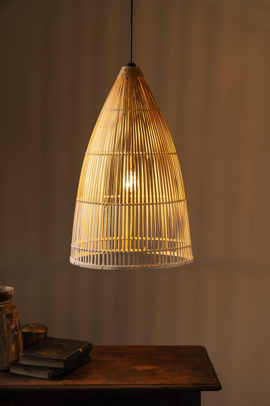 Cup-shaped bamboo hanging lampshade handcrafted with natural bamboo weaving, designed to create a warm, elegant, and eco-friendly lighting ambiance.
