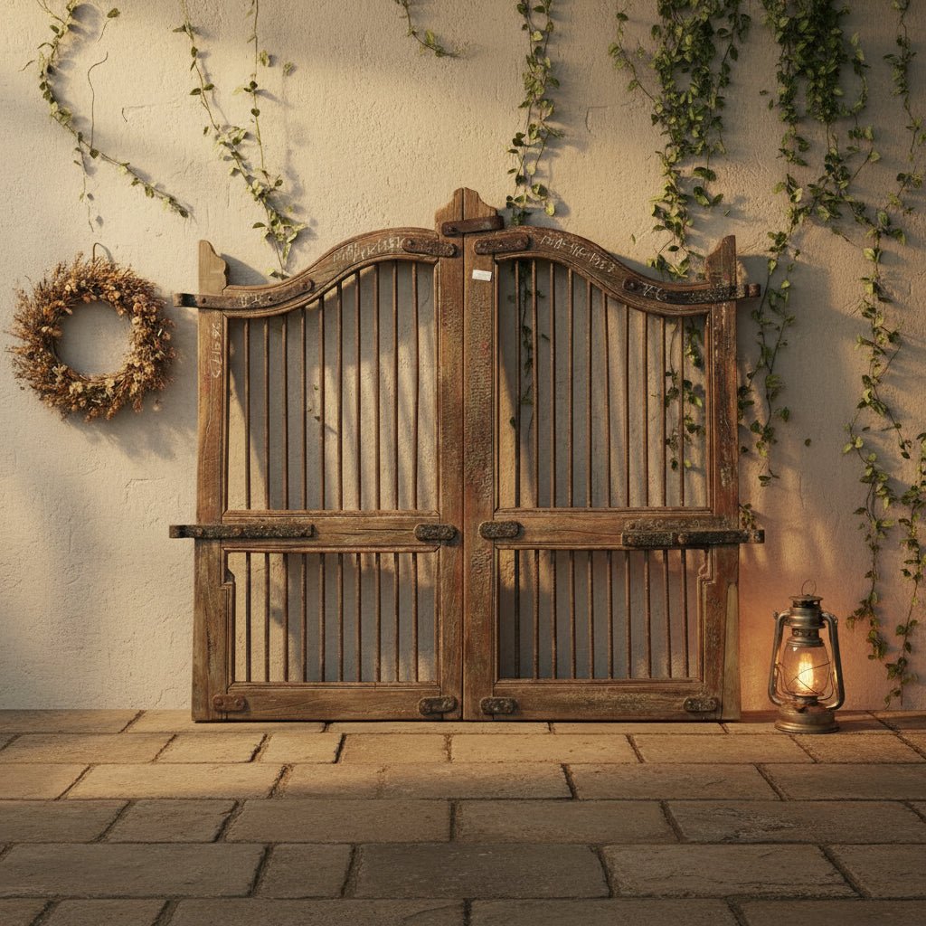 Pair of rustic wooden gates with metal bars 