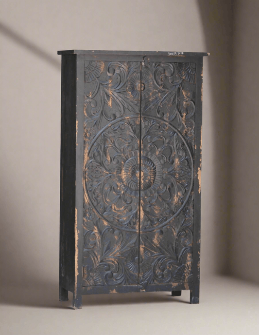 Designed wooden almirah with carved panels on neutral background – Tesu Furniture & Seating