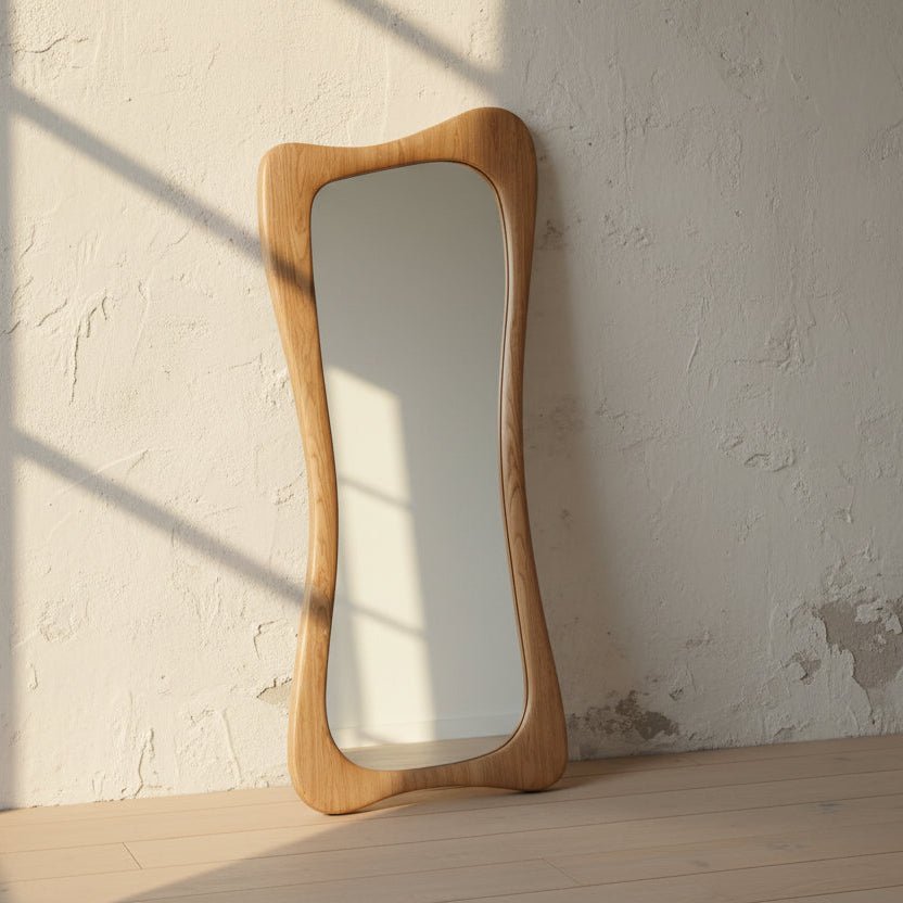 Wooden-framed mirror on a white background