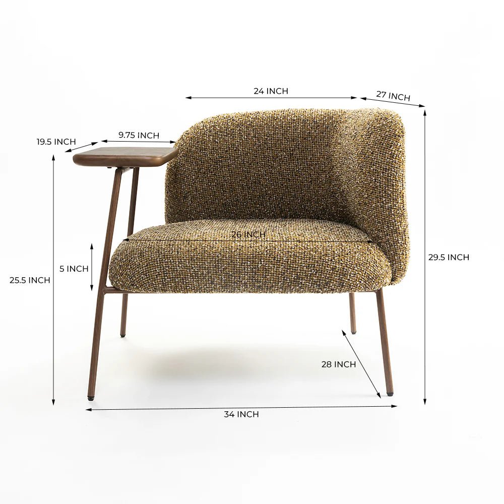 Brown textured armchair with dimensions labeled on a white background