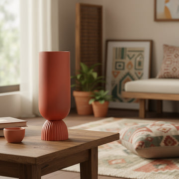 Made from durable aluminium and finished with a smooth powder-coated polish, this vase features a striking silhouette: a sleek cylindrical body perched gracefully on a ribbed, pod-shaped pedestal.