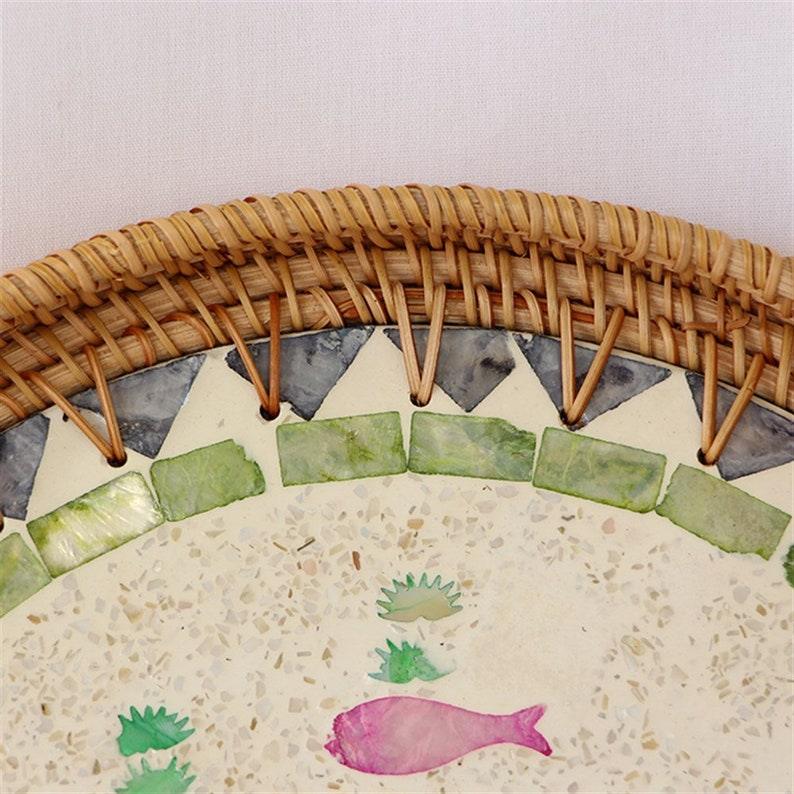 Fish Motifs Designer Mother Of Pearl Rattan Tray - TesuServing Tray