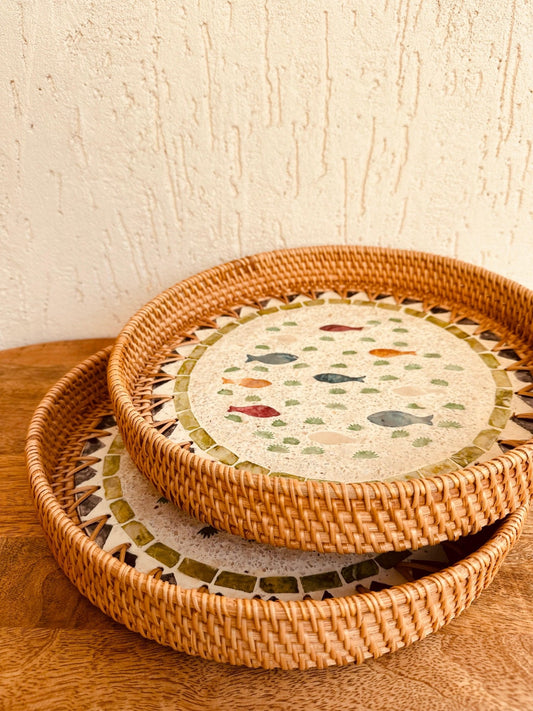 Fish Motifs Designer Mother Of Pearl Rattan Tray - TesuServing Tray
