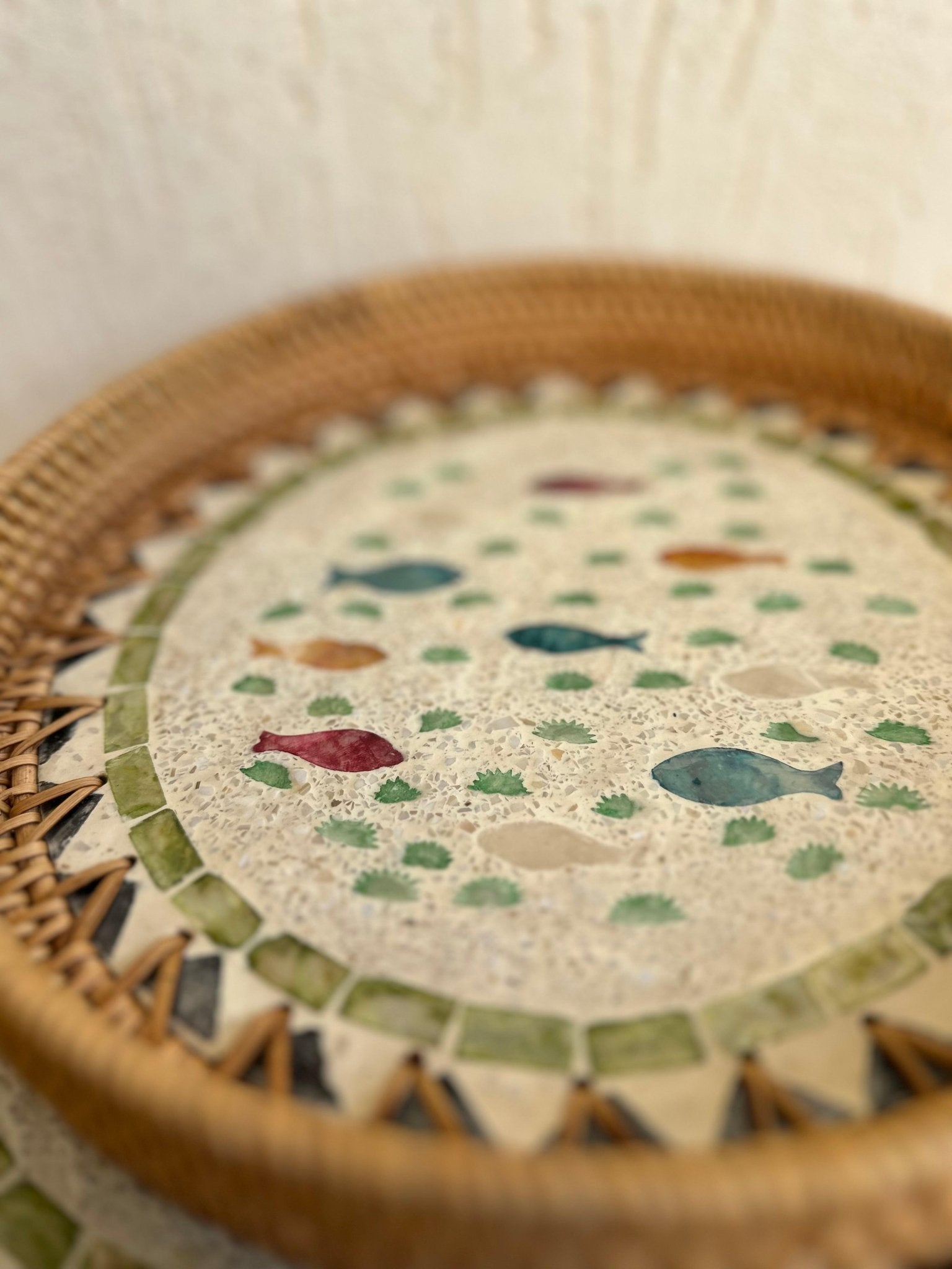 Fish Motifs Designer Mother Of Pearl Rattan Tray - TesuServing Tray