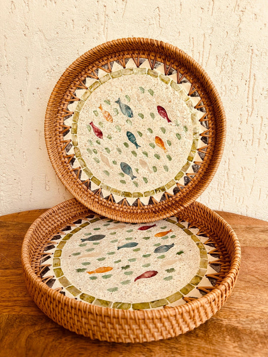 Fish Motifs Designer Mother Of Pearl Rattan Tray - TesuServing Tray