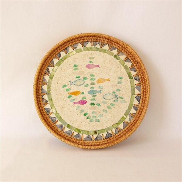 Fish Motifs Designer Mother Of Pearl Rattan Tray - TesuServing Tray