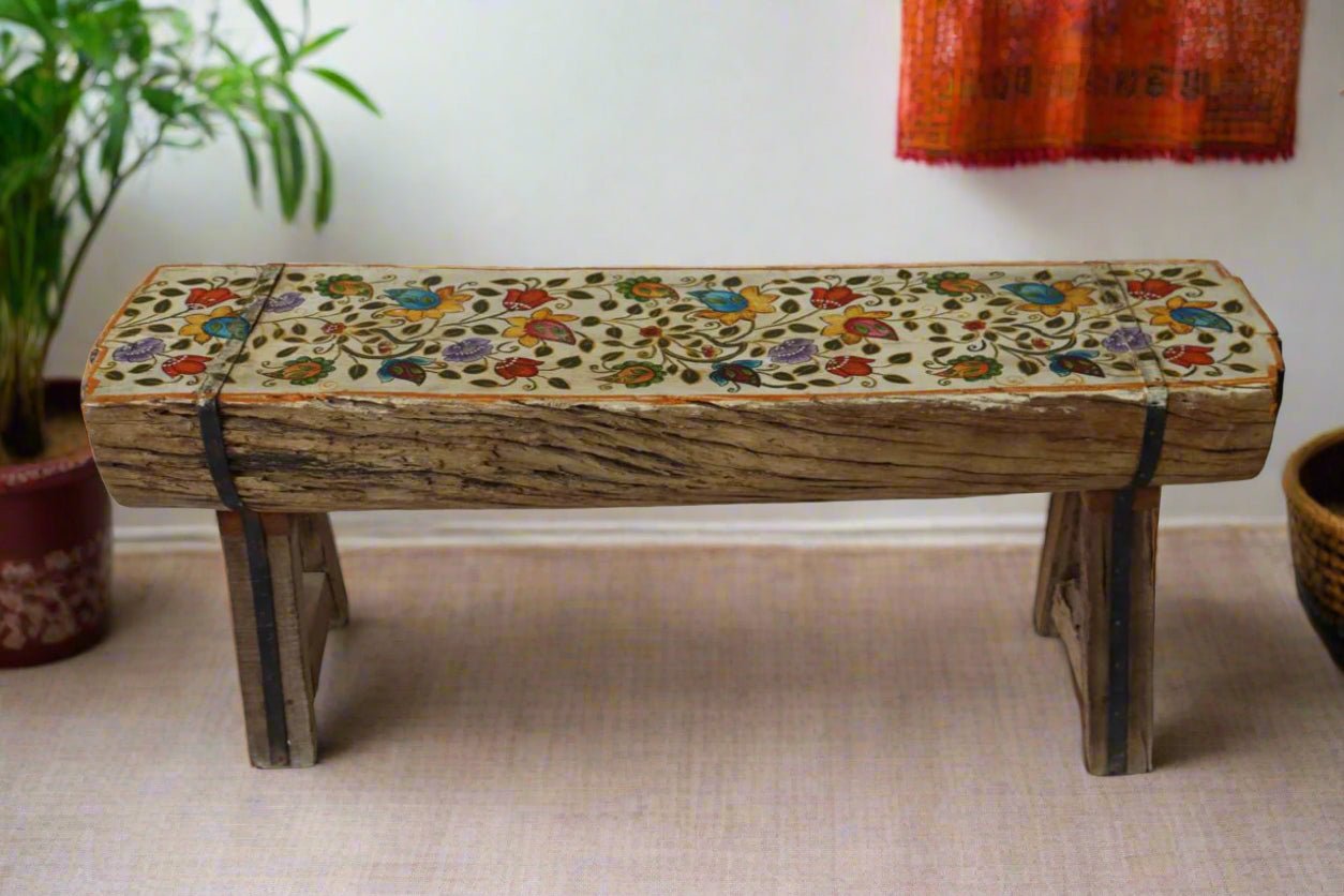 Forest Artisan Bench - Handcrafted Vintage Wooden Bench with Painted Art - TesuWooden Bench