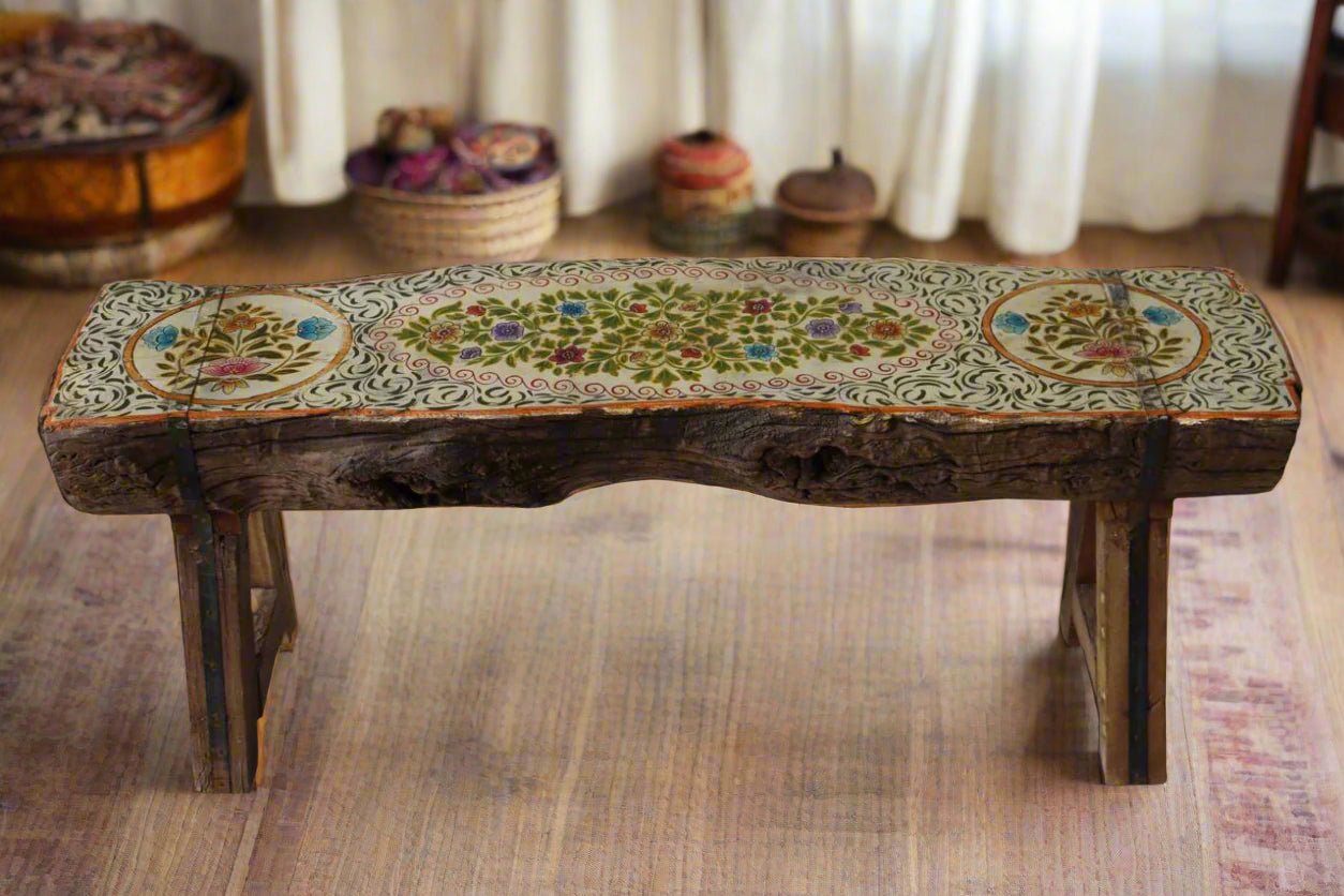 Forest Artisan Bench - Handcrafted Vintage Wooden Bench with Painted Art - TesuWooden Bench