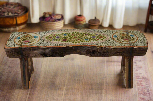 Forest Artisan Bench - Handcrafted Vintage Wooden Bench with Painted Art - TesuWooden Bench