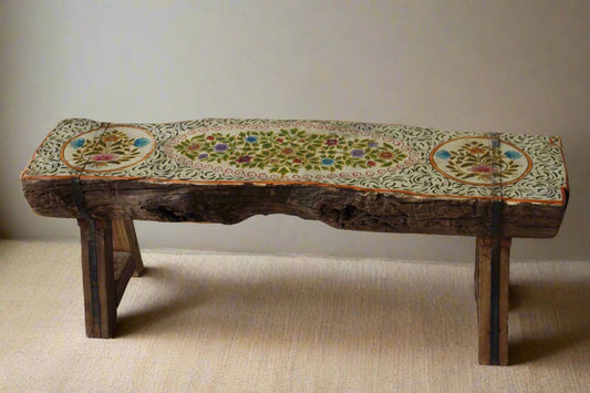 Forest Artisan Bench - Handcrafted Vintage Wooden Bench with Painted Art - TesuWooden Bench