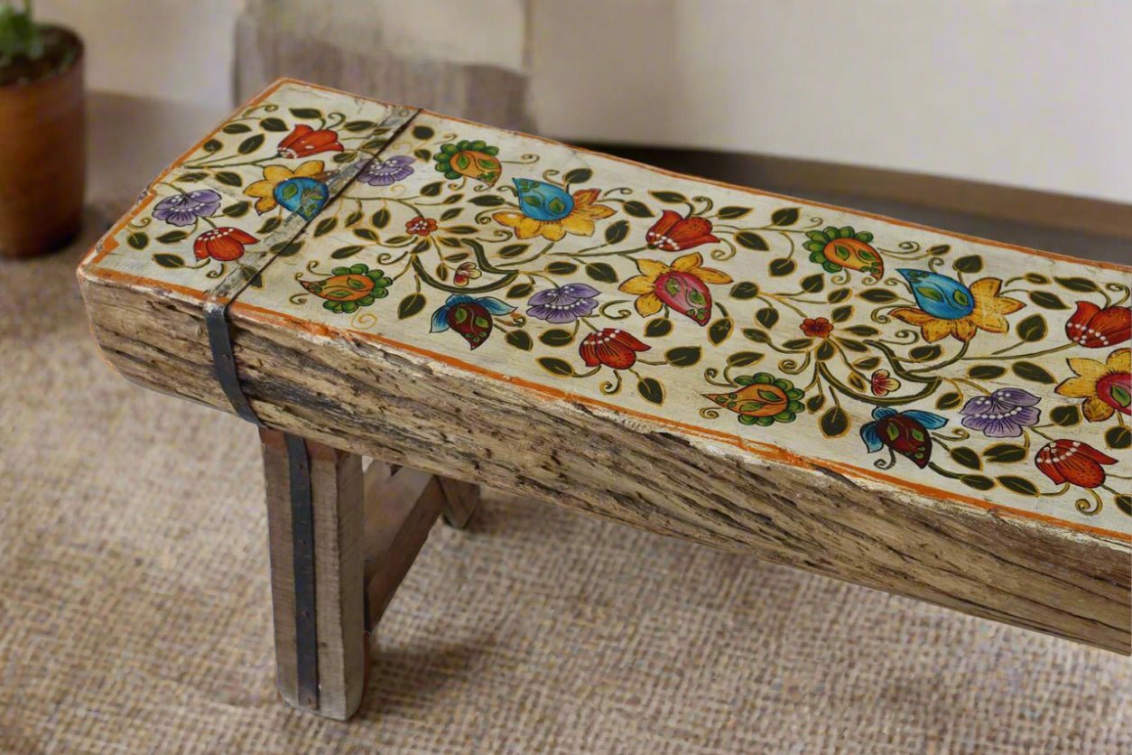 Forest Artisan Bench - Handcrafted Vintage Wooden Bench with Painted Art - TesuWooden Bench