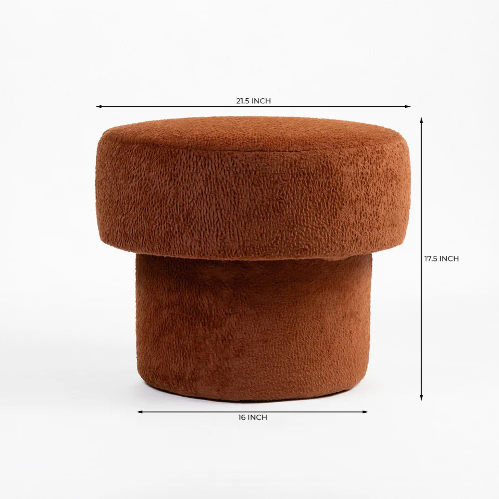Brown cushioned ottoman with dimensions on a white background
