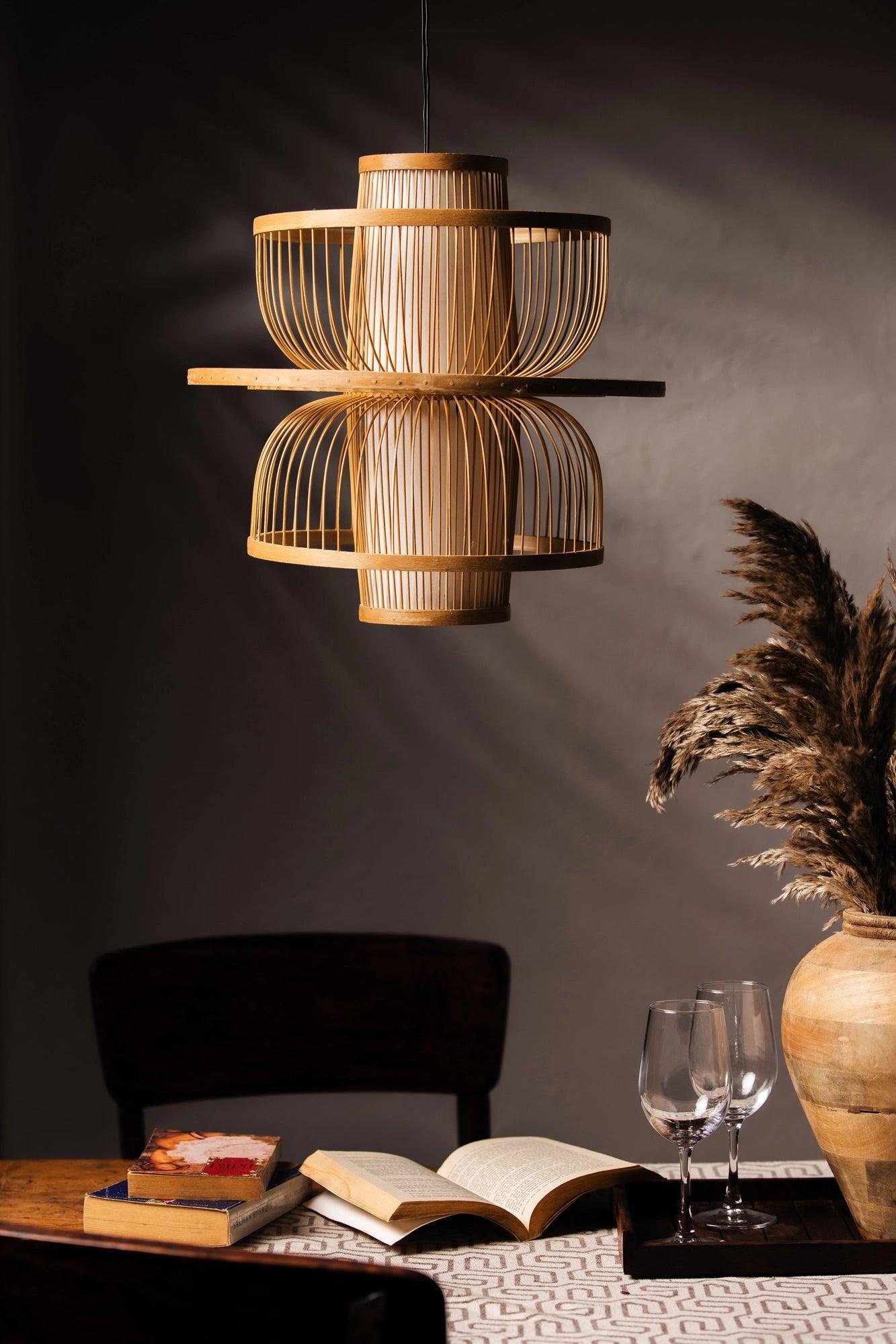 Fountain bamboo lampshade with built-in light diffuser, handcrafted from natural bamboo to create a soft, warm, and soothing ambient glow for modern eco-friendly interiors.