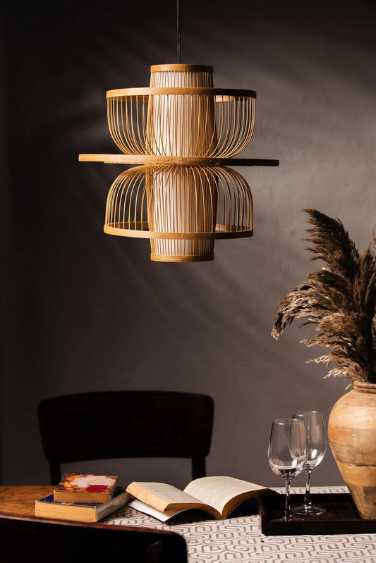 Fountain bamboo lampshade with built-in light diffuser, handcrafted from natural bamboo to create a soft, warm, and soothing ambient glow for modern eco-friendly interiors.