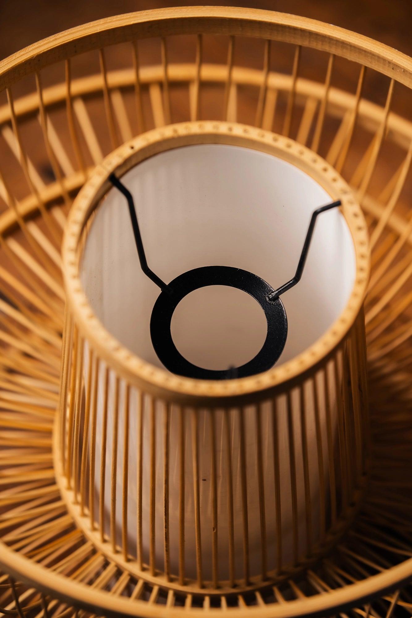 Fountain bamboo lampshade with built-in light diffuser, handcrafted from natural bamboo to create a soft, warm, and soothing ambient glow for modern eco-friendly interiors.