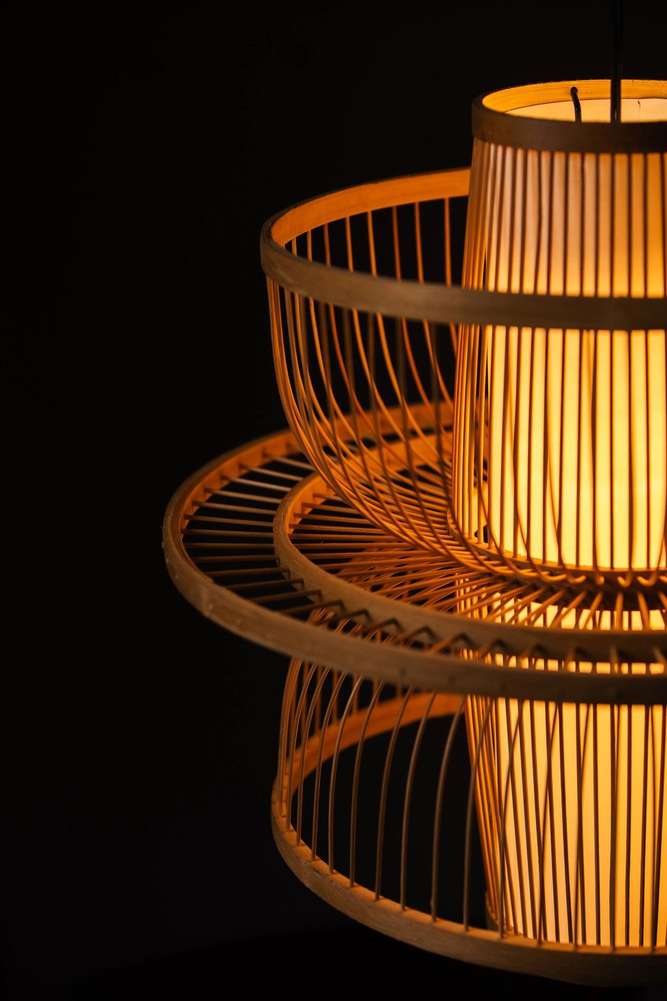Fountain bamboo lampshade with built-in light diffuser, handcrafted from natural bamboo to create a soft, warm, and soothing ambient glow for modern eco-friendly interiors.