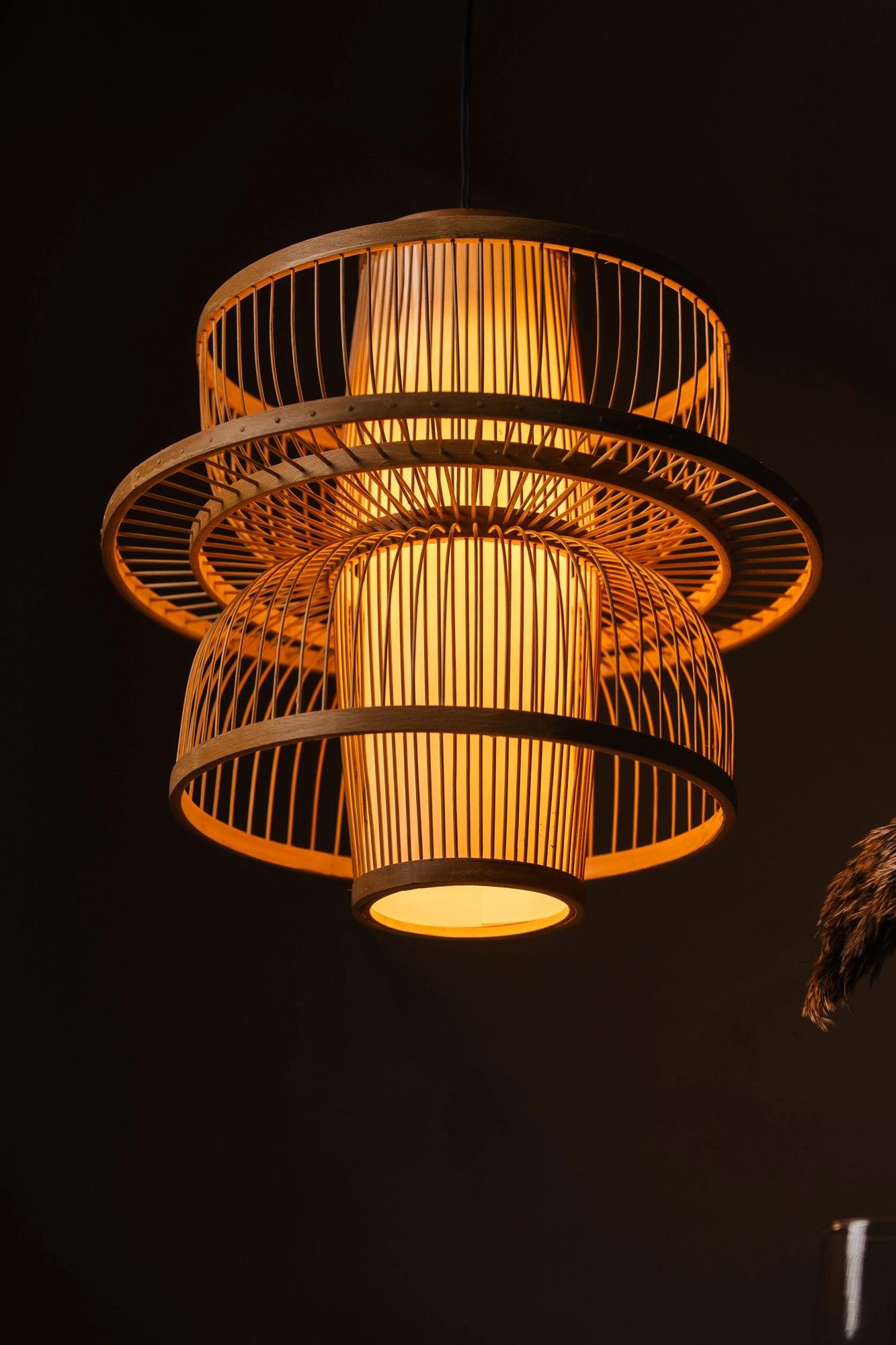 Fountain bamboo lampshade with built-in light diffuser, handcrafted from natural bamboo to create a soft, warm, and soothing ambient glow for modern eco-friendly interiors.