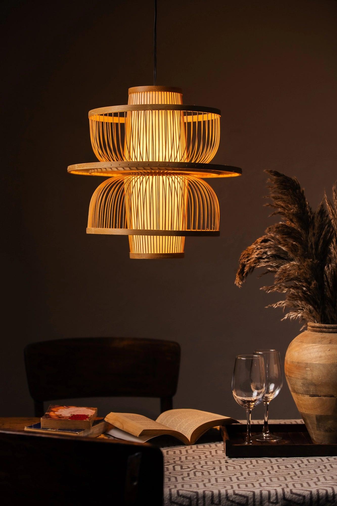 Fountain bamboo lampshade with built-in light diffuser, handcrafted from natural bamboo to create a soft, warm, and soothing ambient glow for modern eco-friendly interiors.