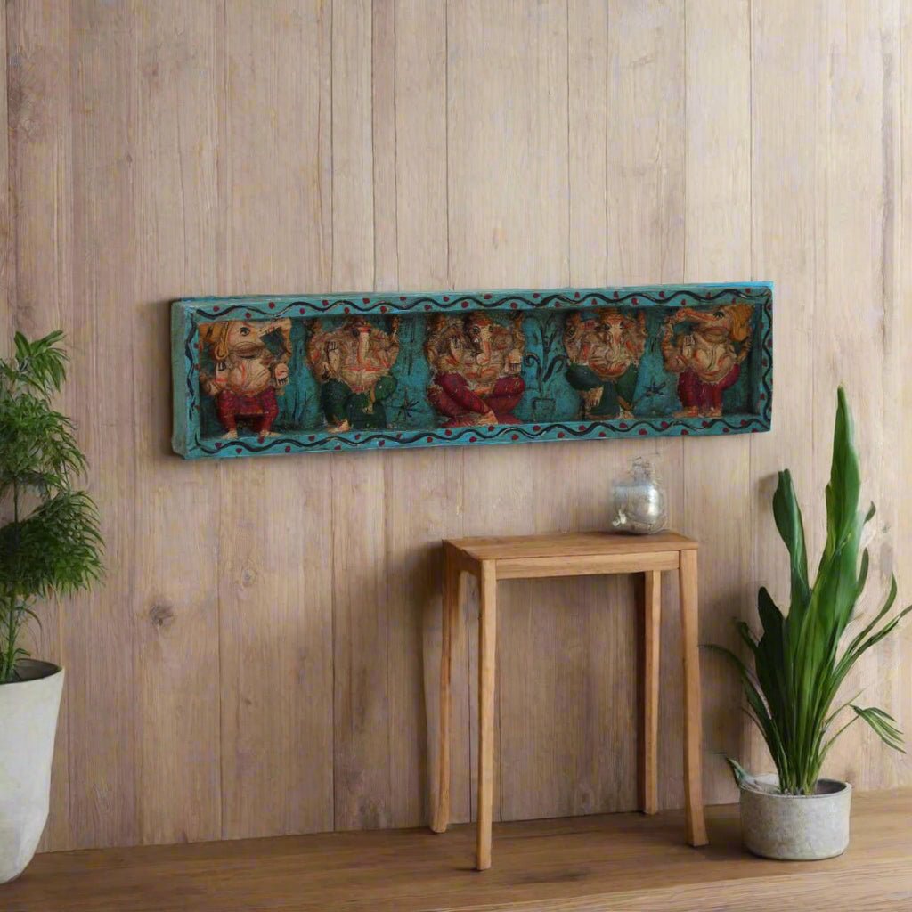 Ganapati Panch Murti Panel - Hand Painted Five Form Ganesha Wall Art on Vintage Wood - TesuWall Decor