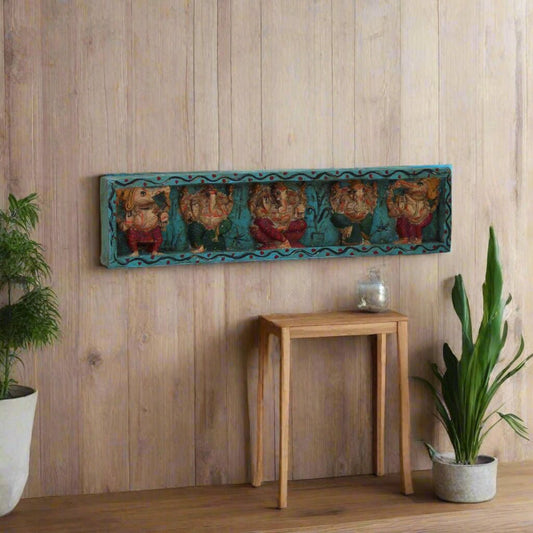 Ganapati Panch Murti Panel - Hand Painted Five Form Ganesha Wall Art on Vintage Wood - TesuWall Decor