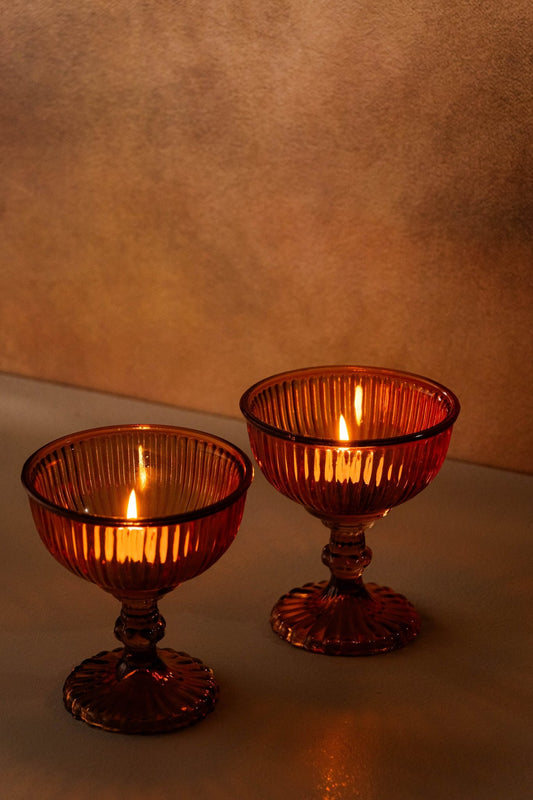 Close-up of traditional Indian glass candle holders with crystal-clear brilliance and color details