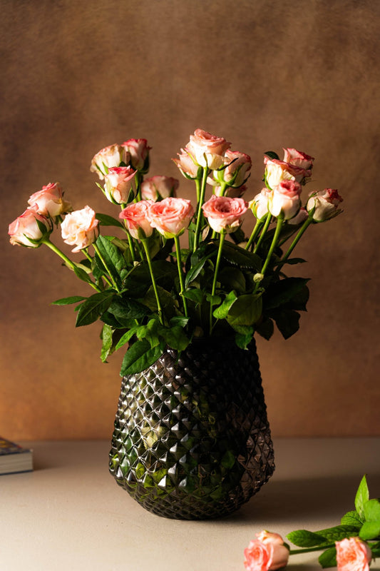 Elegant tinted grey glass vase with crystal-clear finish, 8.6 inches tall, perfect for fresh flowers
