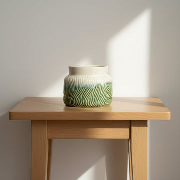 Ceramic planter with green and beige pattern and measurements on a white background