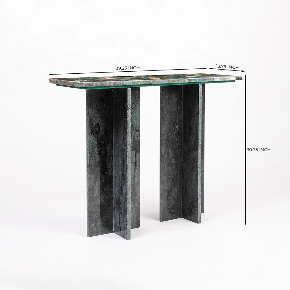 Gray marble console table with dimensions on a white background