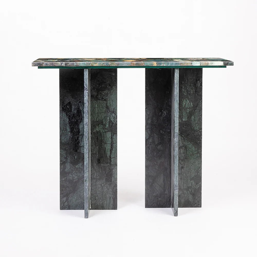 Marble console table with a green and gray pattern on a white background