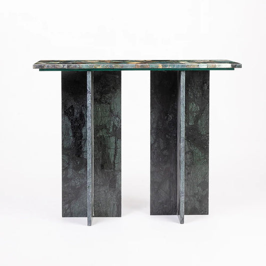 Marble console table with a green and gray pattern on a white background