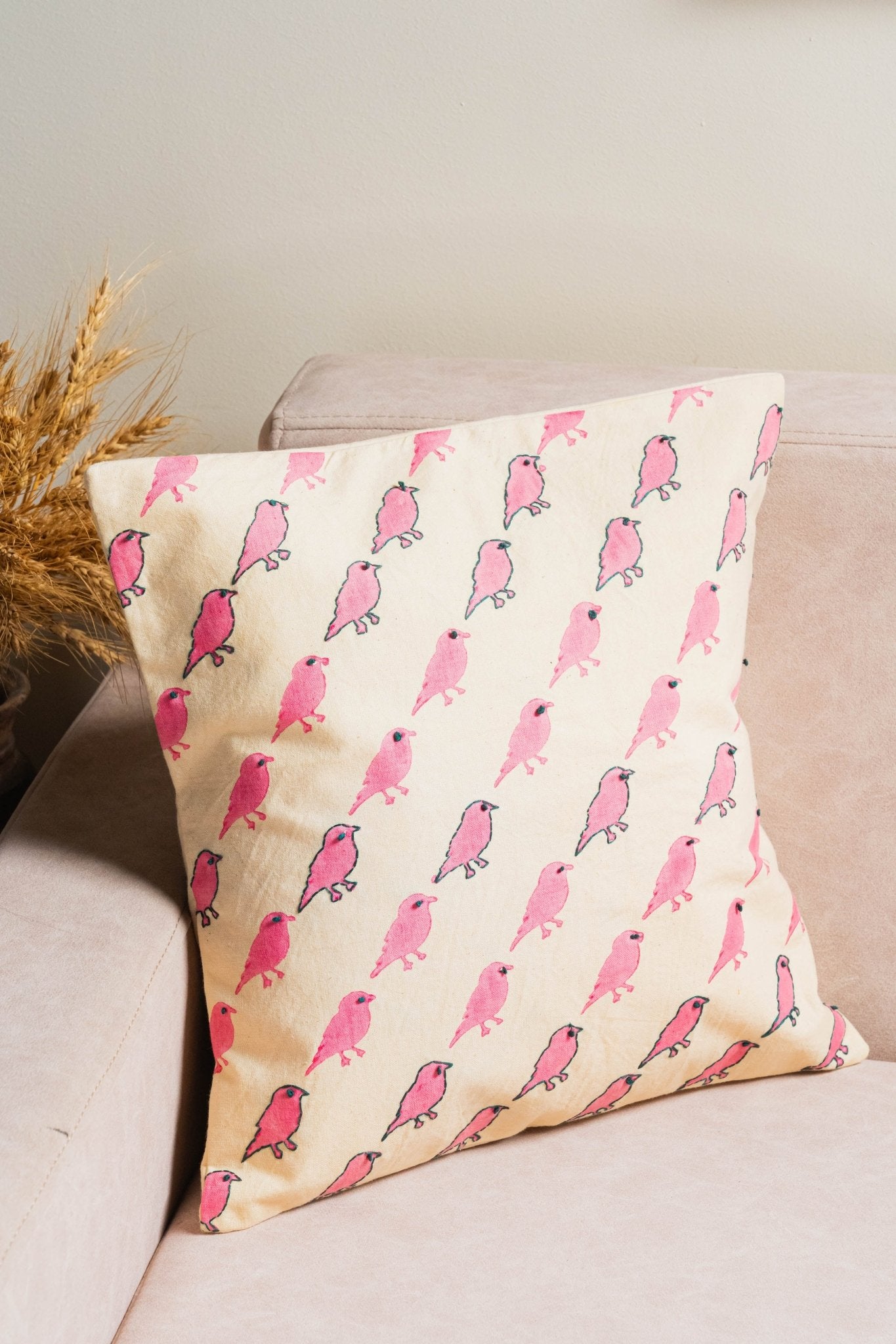 Gulaabkari Chidiya Bagh cushion cover with floral and bird print design.
