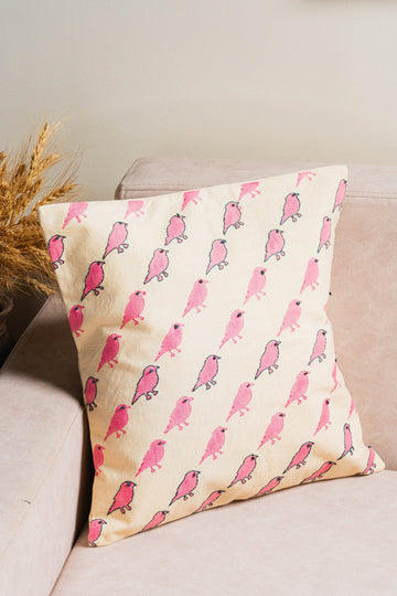 Gulaabkari Chidiya Bagh cushion cover with floral and bird print design.